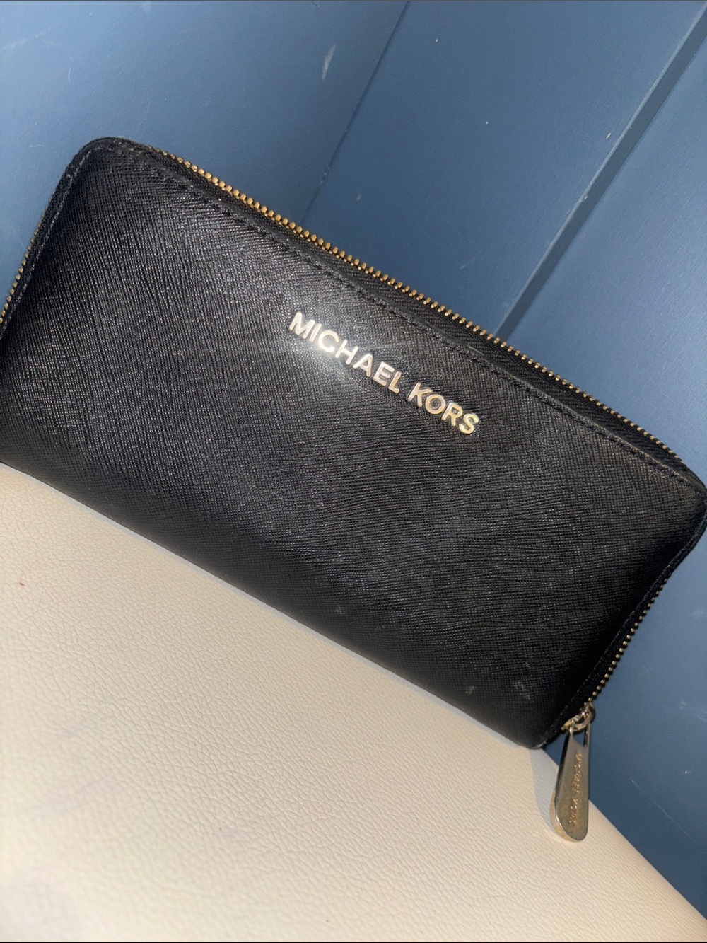 Michael Kors Black Saffiano Zip-Around Wallet with Gold Hardware